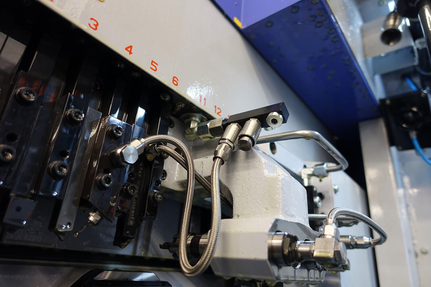 Close-up of a machine for manufacturing components.